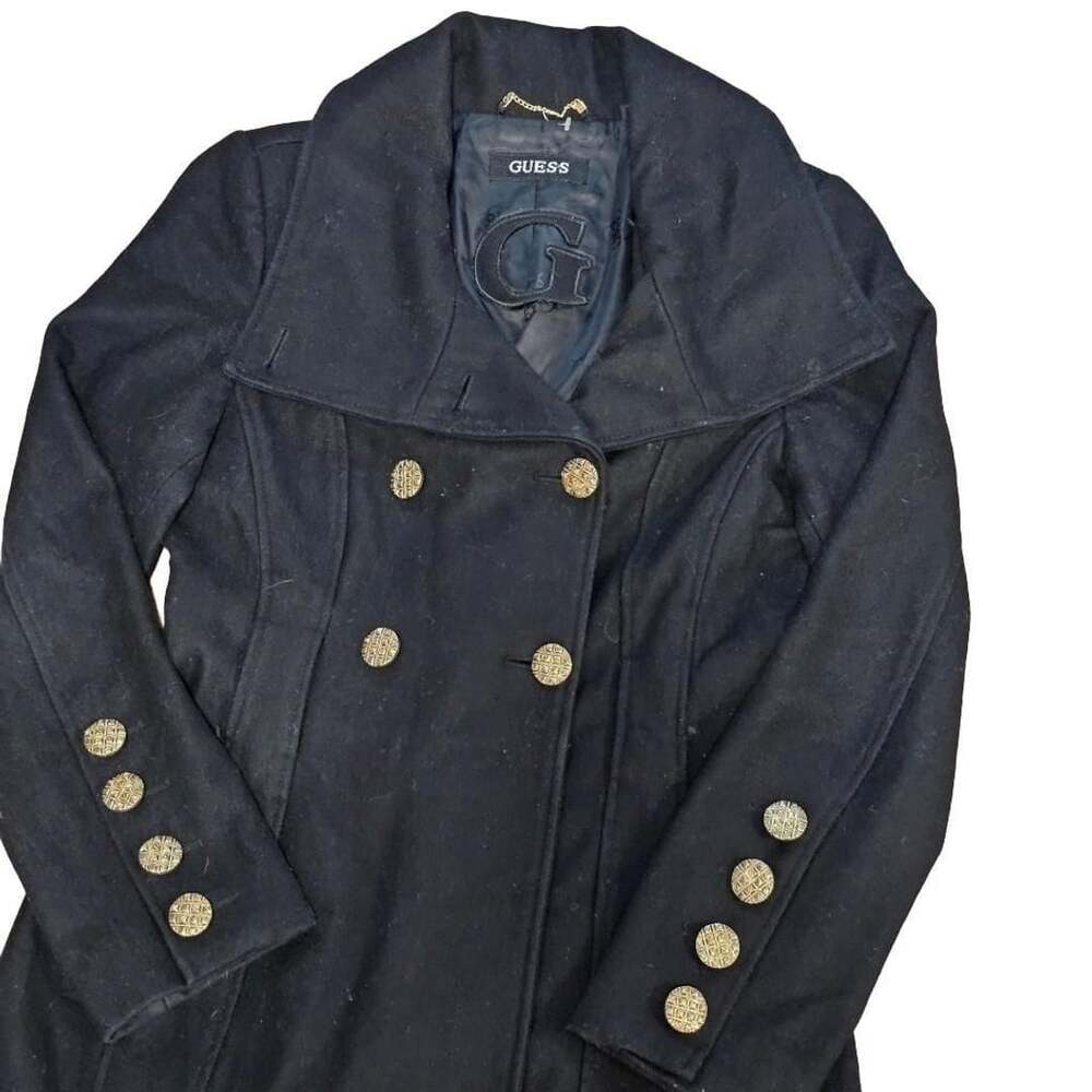 GUESS Black Wool Blend Military Peacoat Gold Buttons Women’s Small